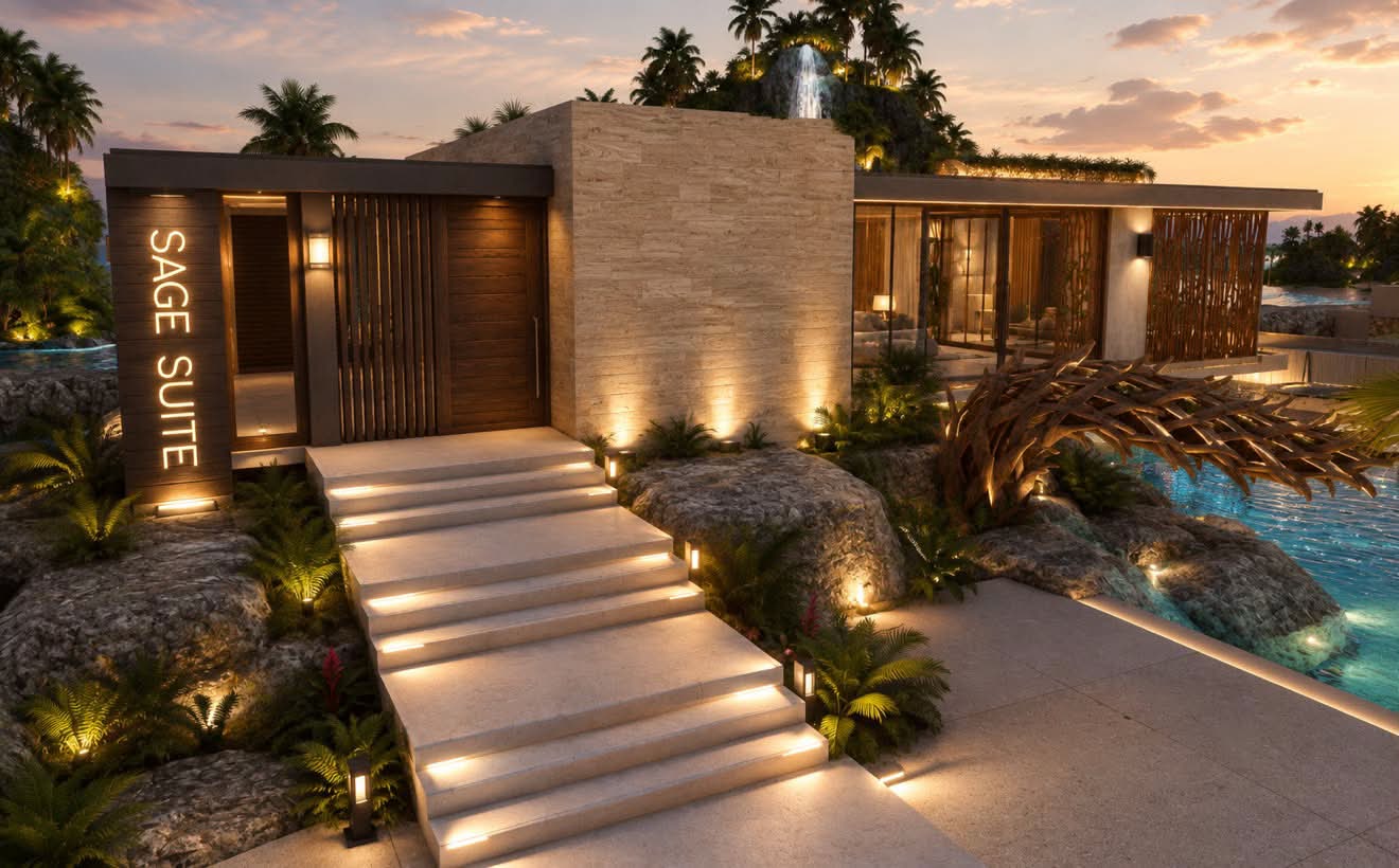 The lit entrance to the Sage Suite at dusk