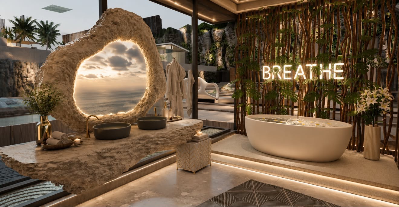 The spa sanctuary — soaking tub, stone vanity and ocean view