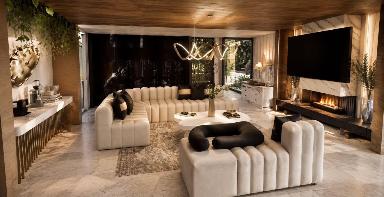 A suite living room with fireplace and lounge seating