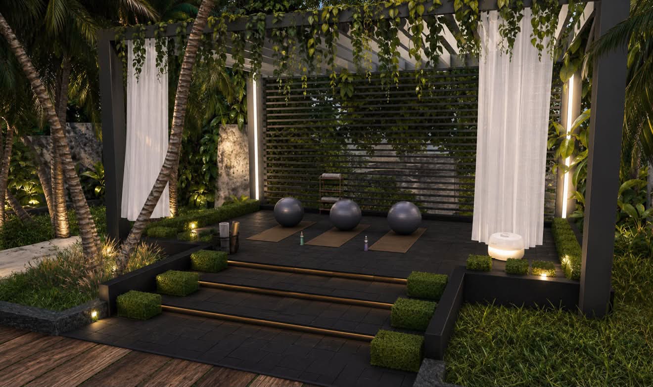 The open-air yoga pavilion at night